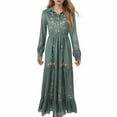 thumbnail image 6 of Women's Vintage Pastoral Flower Long Dress V-Neck Long Sleeve Western Dress Fall Casual Maxi Dress Army Green L, 6 of 6