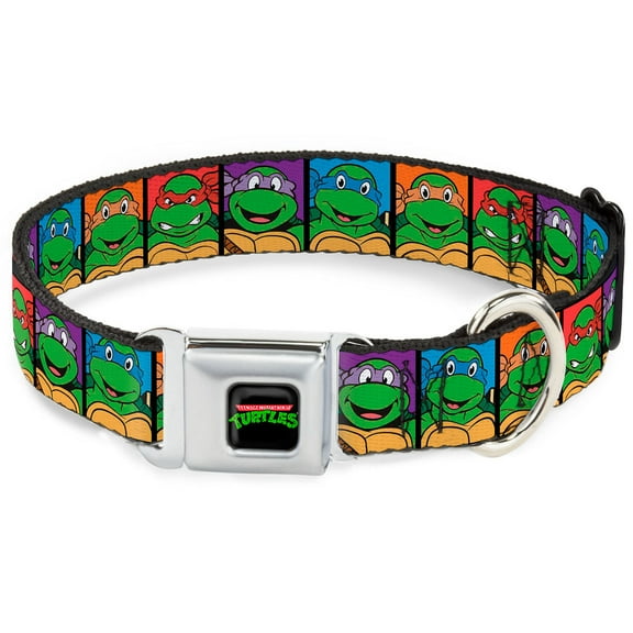 Nickelodeon Pet Collar, Dog Collar Metal Seatbelt Buckle, Ninja Turtles Face Blocks Black Multi Color, 16 to 23 Inches 1.5 Inch Wide