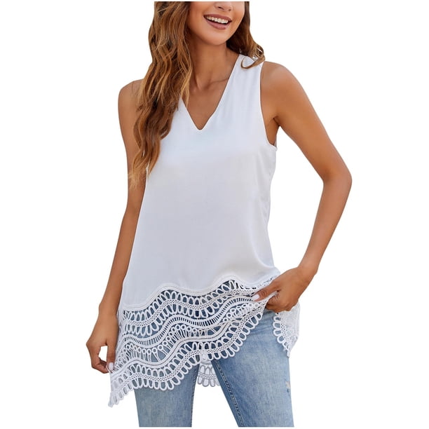 Blusa sin mangas de encaje sólido informal con cuello en V de verano para mujer a la moda Fridja gh1296