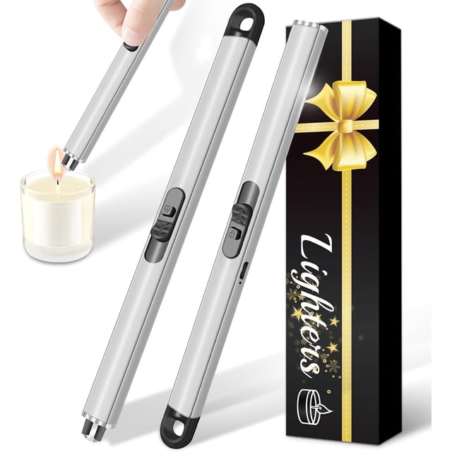 2 Pack Electric Candle Lighters, Windproof Flameless & Double Safety Lock Design, USB Rechargeable Lighter with Extended Handle, Suitable for Candles, BBQ, Camping, Gas Stove, Festivals Gift (Silver)