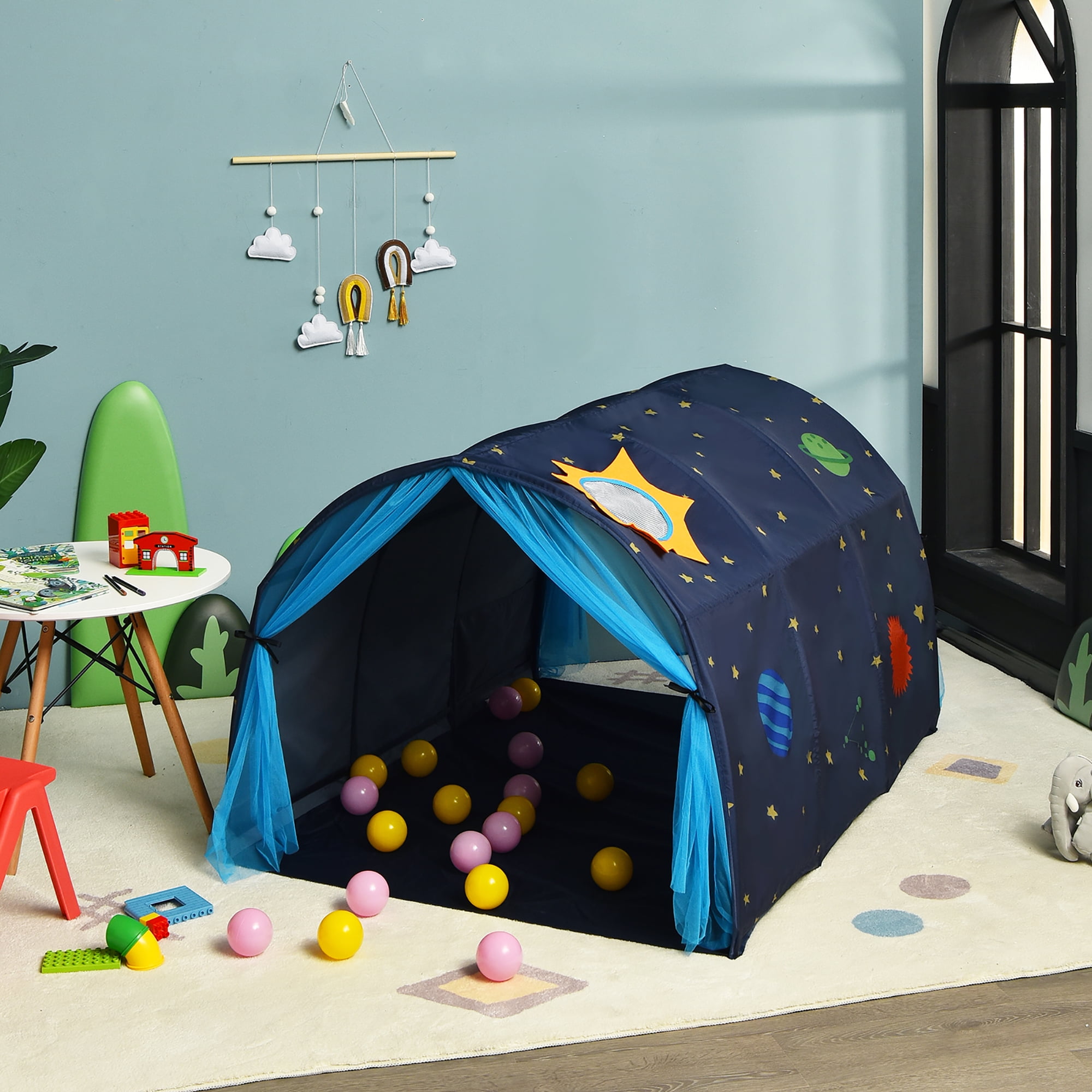 Costway Kids Bed Tent Portable Playhouse for Toddler Twin Size Ideal for Bedroom Reading Indoor Games Blue Walmart