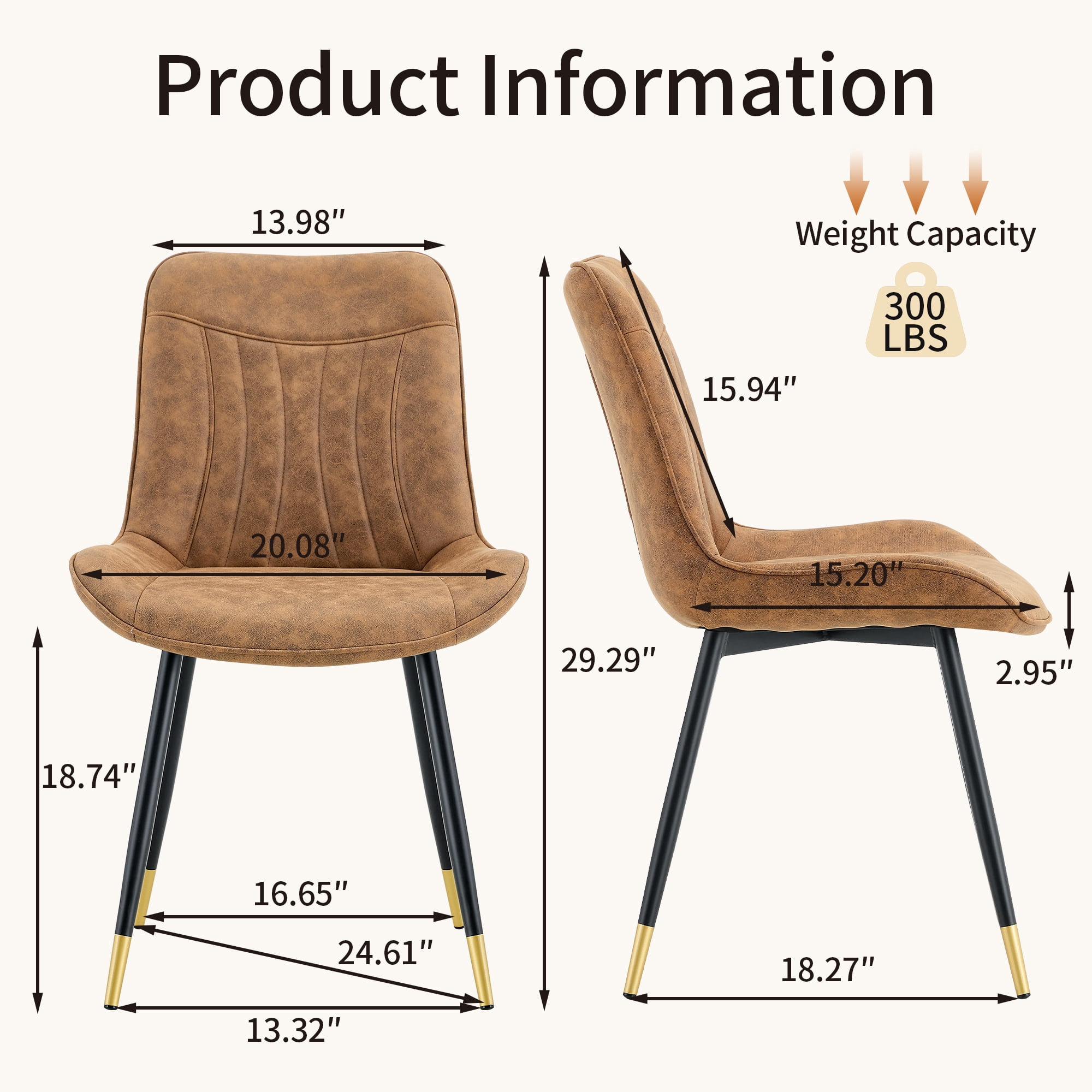 Leumius Dining Chairs Set of 2, Tech Fabric Upholstered Dining Chairs with Semi-Gloss Black Metal Legs, Gold-Trimmed Adjustable Non-Slip Feet, Vertical-Stitched High Back for Dining Room Brown