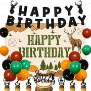 Deer Hunting Birthday Party Decorations Camo Deer Birthday Backdrop Glitter Banner Cake Topper Hunting Theme Cupcake Toppers Latex Balloons for Boys Bday Party Decor Supplies