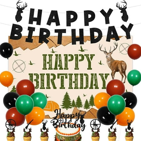 Deer Hunting Birthday Party Decorations Camo Deer Birthday Backdrop Glitter Banner Cake Topper Hunting Theme Cupcake Toppers Latex Balloons for Boys Bday Party Decor Supplies