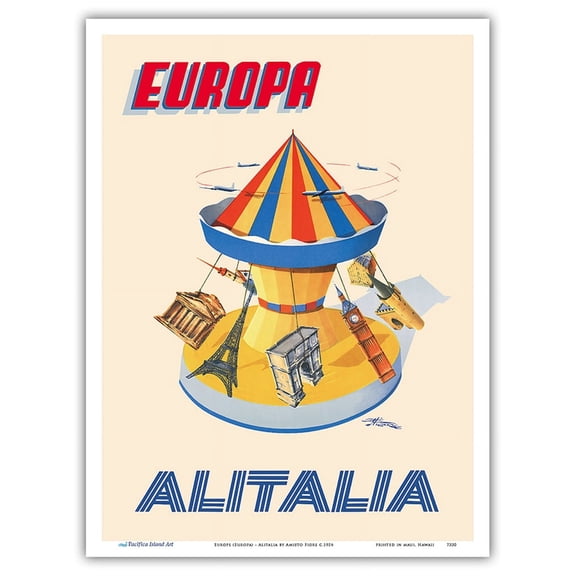 Europe (Europa) - Carousel with Eiffel Tower Big Ben - Alitalia - Vintage Airline Travel Poster by Amieto Fiore c.1956 - Master Art Print (Unframed) 9in x 12in
