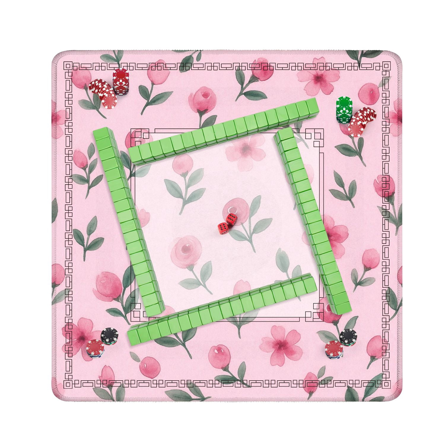 Mahjong Mat 31.5" x 31.5" Soft Pink Watercolor Floral Green Leaves Non-Slip Noise Reduction American Mahjong Tiles Table Cover for Dominoes Poker Card Board Games Gift