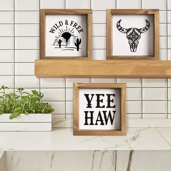 Western Bathroom Decor, Wooden Western Wall Art, Southwestern Cowboy Yee Haw Cow Skull Wild Free Signs, Black White Farmhouse Home Table Shelf decorations