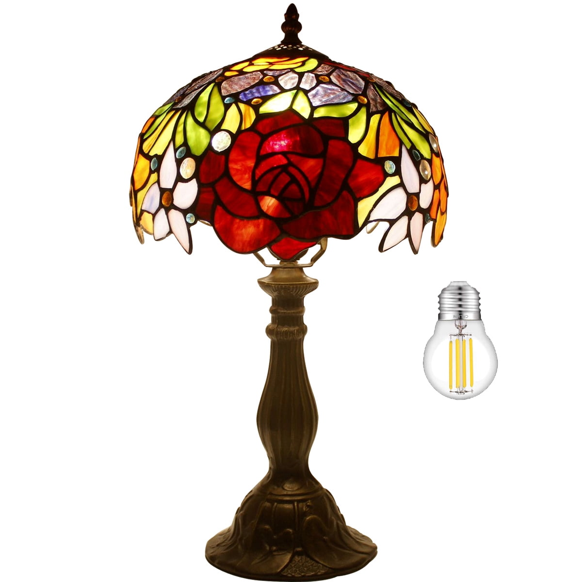 Werfactory 18” Victorian Energy Efficient Bronze Table Lamp with Stained Glass Rose Shade