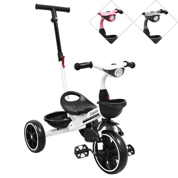 Triciclo para Niños con Bastón Torreta con Luz y Sonido Pedales Desmontables Posapiés Plegables Apto desde 2 años o hasta 25 kg - Blanco