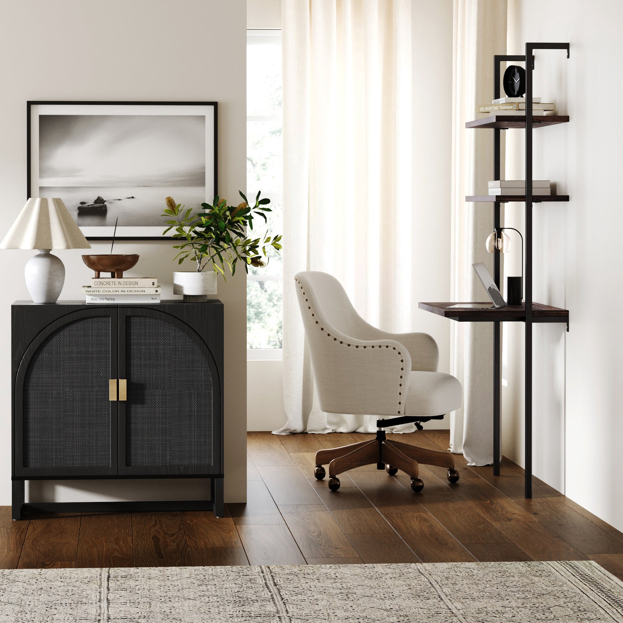 Nathan James Paxton Modern 2-Door Rattan Storage Cabinet, Wooden Cabinet with Doors for Living Room or Kitchen, Black Rattan