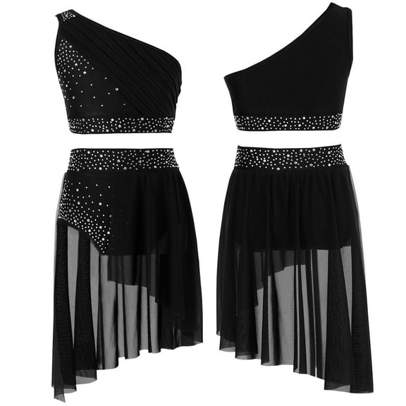 renvena Kids Girls Lyrical Dress Ballet Dance Ballroom Athletic Crop Tops with Skirt Shorts Black 12