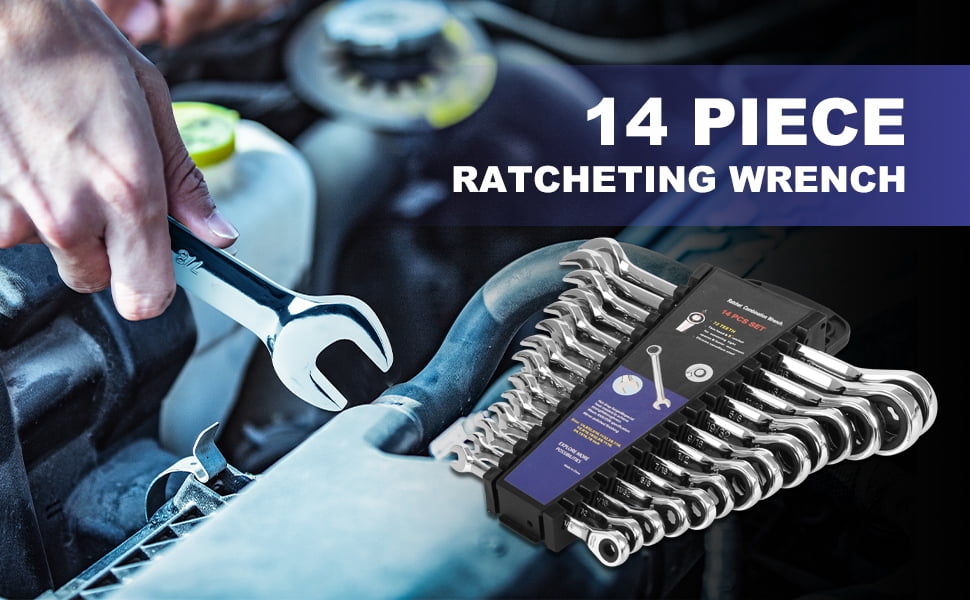 PROSTORMER 14-Piece Ratcheting Wrench Set , SAE 1/4”-7/8” , Chrome Vanadium Steel Combination Wrench Set with Wrench Rack