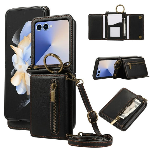 Wallet Function Case for Samsung Galaxy Z Flip 7 with Shoulder Strap, Elegant Card Holder Ring Stand Flip Zipper PU Leather Card Slots Phone Case Cover Women Girls for Galaxy Z Flip 7, Black