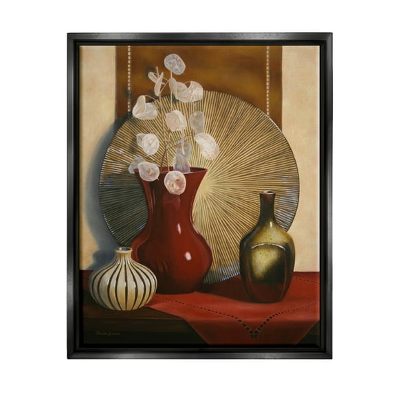 Stupell Industries Ornate Floral Vase Still Life Painting Jet Black Floating Framed Canvas Print Wall Art, Design by Cecile Baird