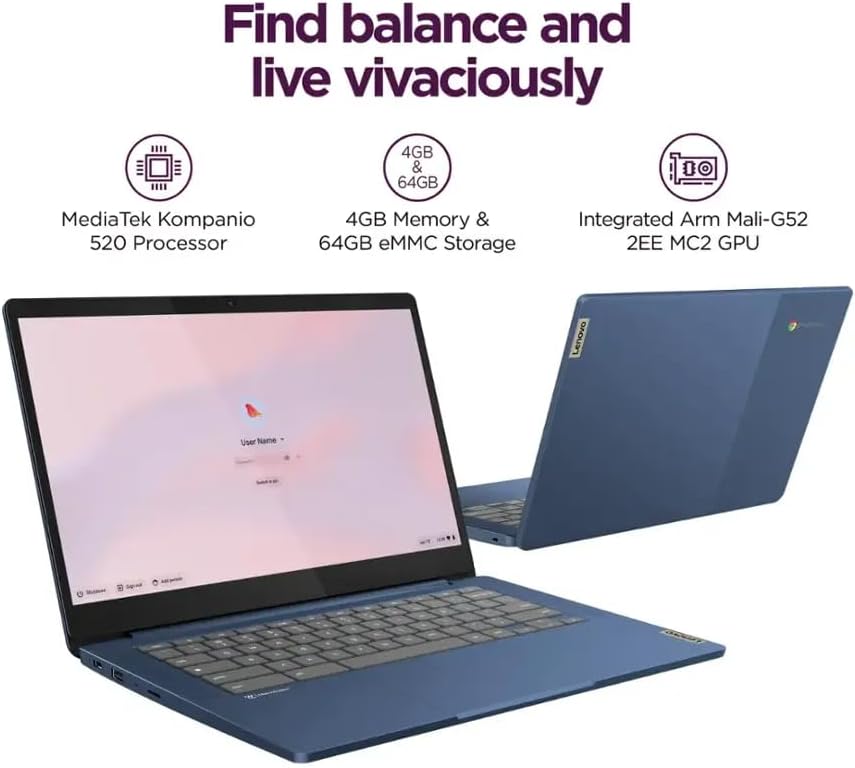 Lenovo IdeaPad Slim 3 Chromebook - 14'' Full HD Display • MediaTek Kompanio 520 CPU • 4GB RAM • 64GB eMMC & 256GB Micro SD Card • Wi-Fi 6 • for Business Student • Chrome OS • Blue