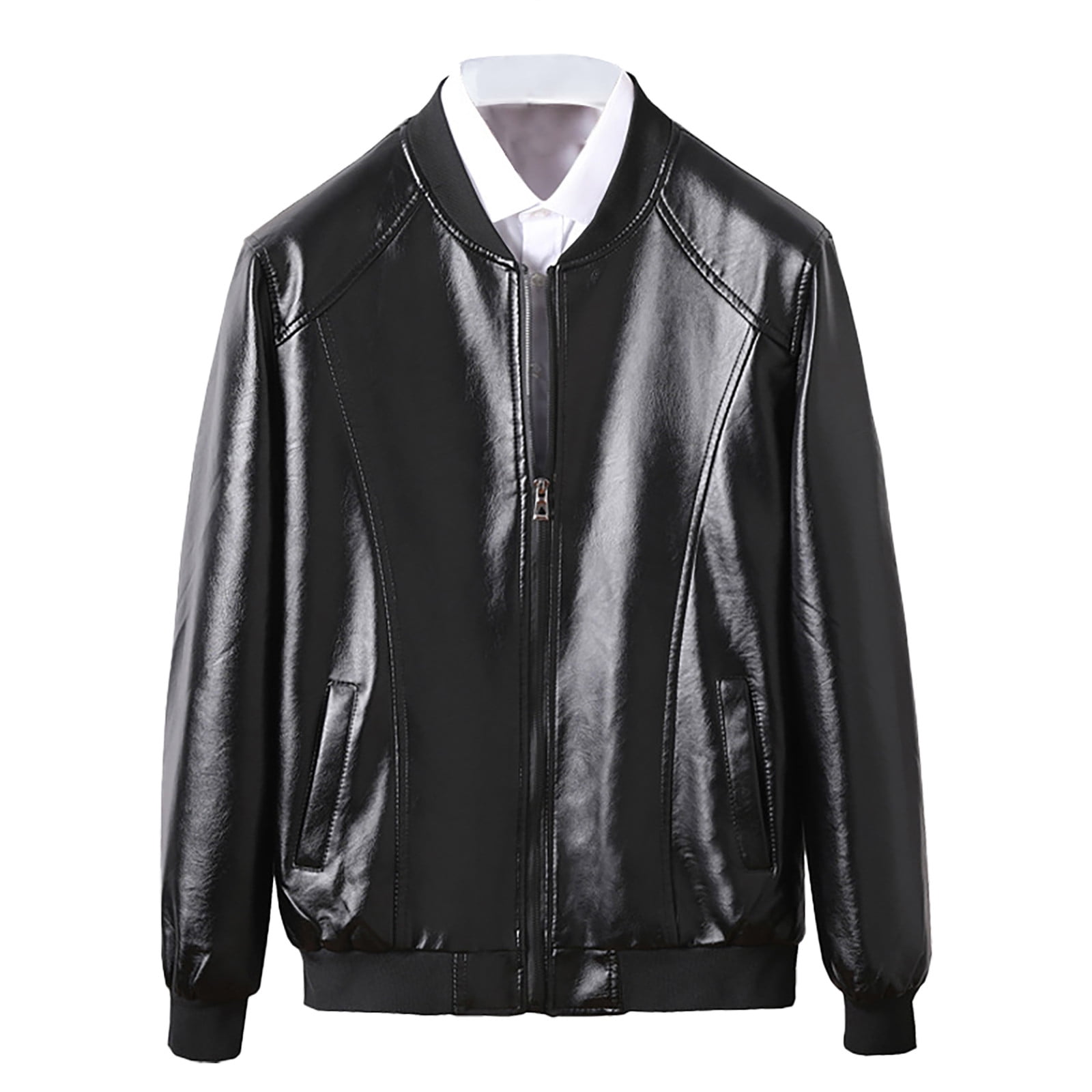 Round neck leather jacket mens discount