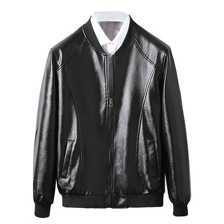 PuLe Jackets for Men Men s Thin Leather Jacket Round Neck Slim Baseball Collar Leather Jacket Men s Motorcycle Leather Jacket