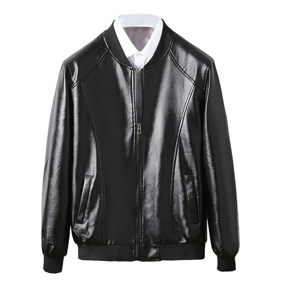 LOVZFMLL Jackets for Men's Thin Leather Jacket Round Neck Slim Baseball Collar Leather Jacket Men's Motorcycle Leather Jacket