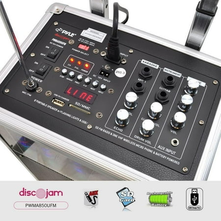 speaker battery powered system outdoor microphone aux mp3 sd usb fm radio led pyle dj wheels lights rechargeable 400w bluetooth