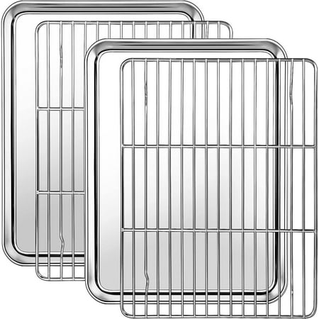 

Baking Pan with Rack Set 4 12 x 10 x 1 Stainless Steel Toaster Oven Baking Pan with Cooling Rack Healthy & Non Toxic Easy Clean& Mirror Finish Dishwasher Safe - (2 Pans + 2 Racks)