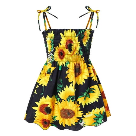 

THE WILD Girls Dresses Cute Ruffled Hemline Spaghetti Strap Printed Square Neck Sleeveless Midi Prom Dress Yellow