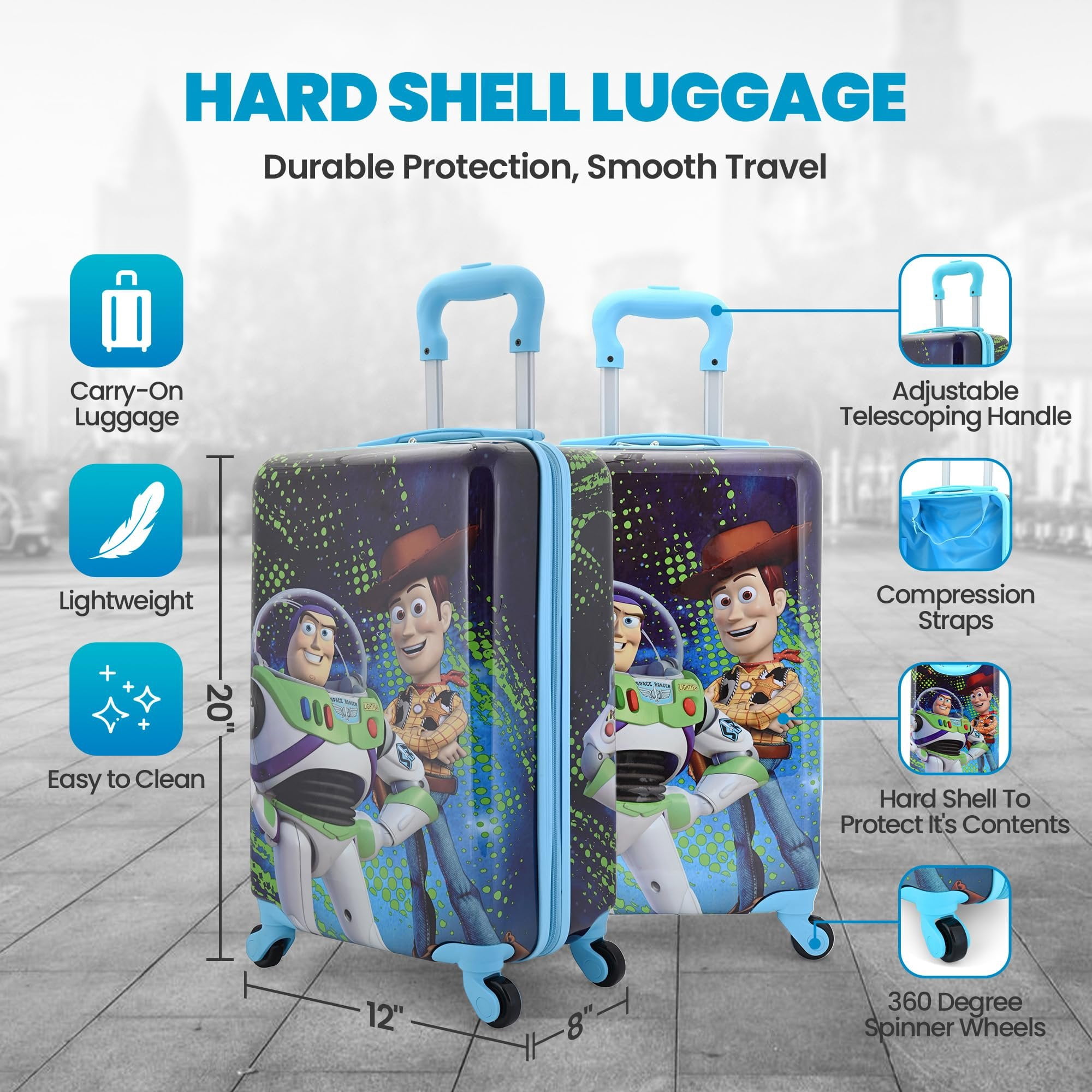 Disney Toy Story 20" Hardshell Luggage - Woody Buzz Cute & Durable Hard-side Suitcase for Travel with Spinner Wheels 20"x12"x8"