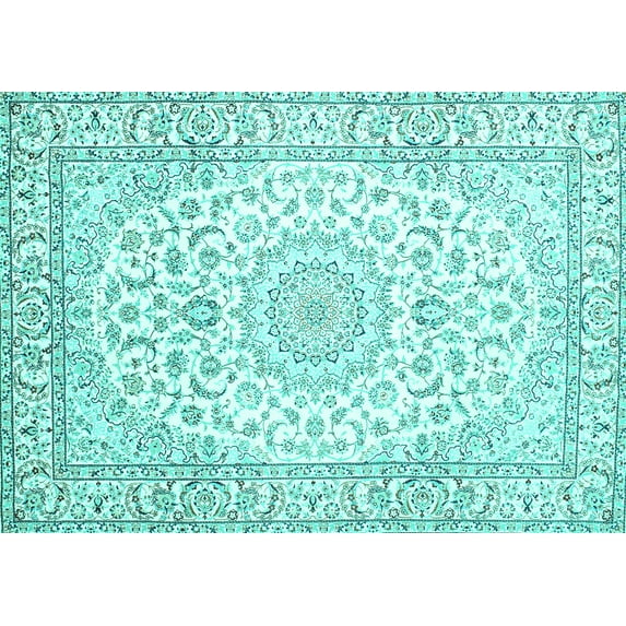 Ahgly Company Machine Washable Indoor Rectangle Medallion Turquoise Blue Traditional Area Rugs, 8' x 10'