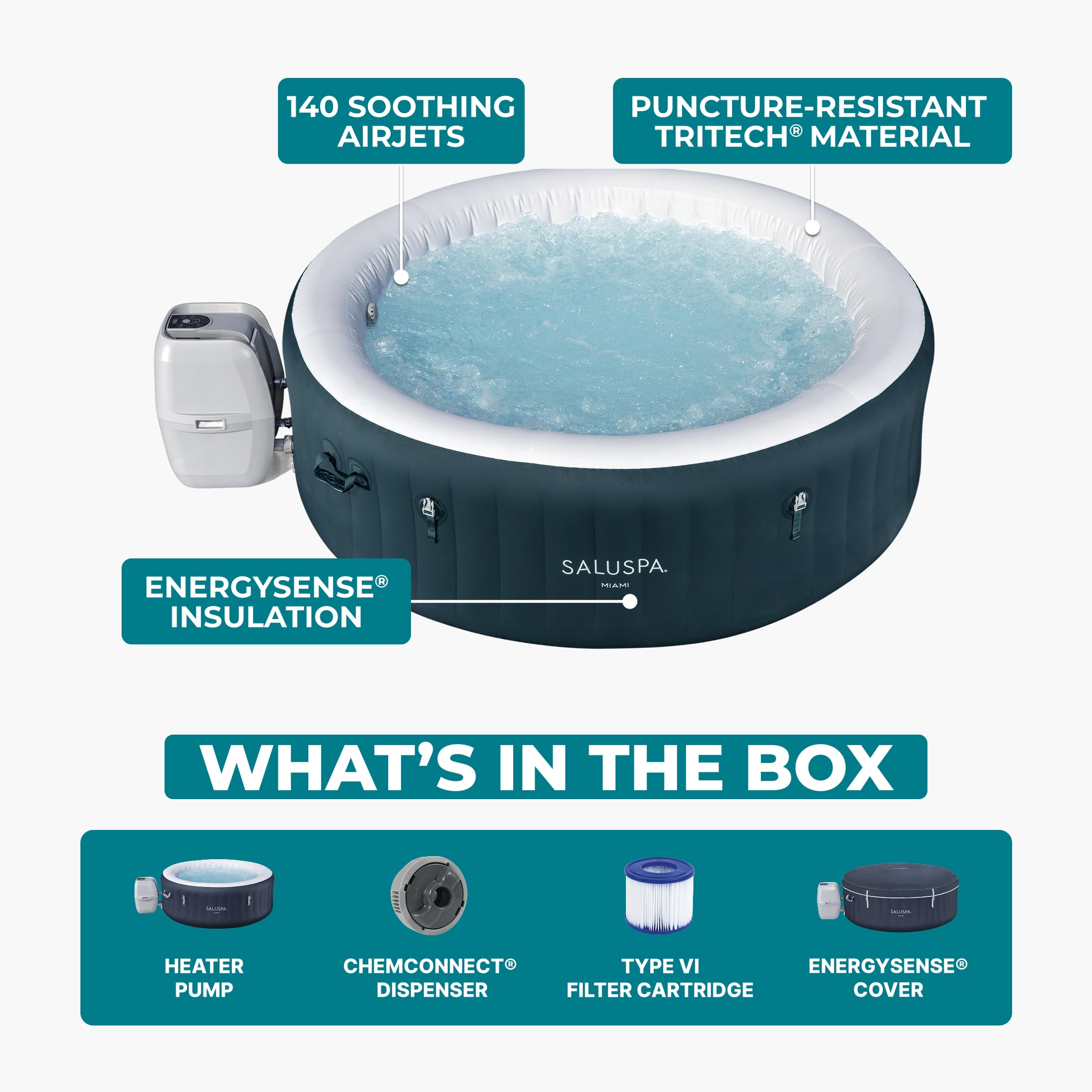 Bestway SaluSpa Miami 4-6 Person Inflatable Hot Tub, Round Energy-Efficient Spa, 77"x26"
