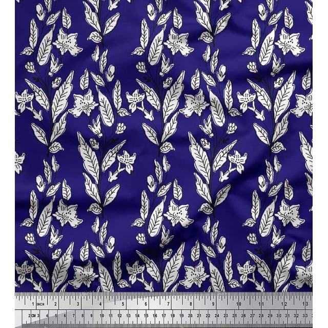 Soimoi Rayon Fabric Leaves & Floral Block Printed Fabric 1 Yard 42 Inch Wide