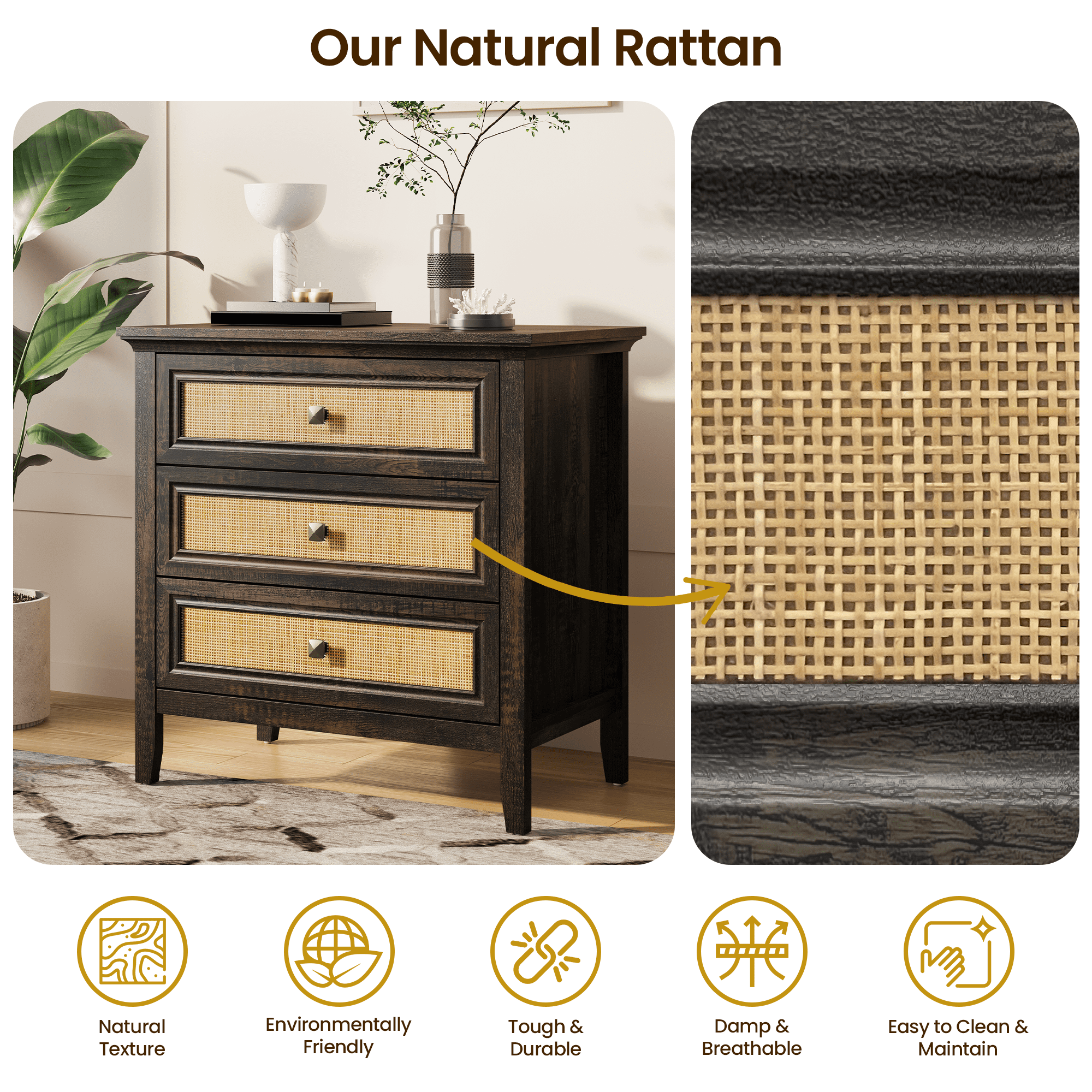 3 Drawer Dresser Rattan Dresser Wood Chest of Drawers Farmhouse Closet Dressers Modern Bedside Table Rustic Nightstand Storage Cabinet for Bedroom, Hallway, Living Room