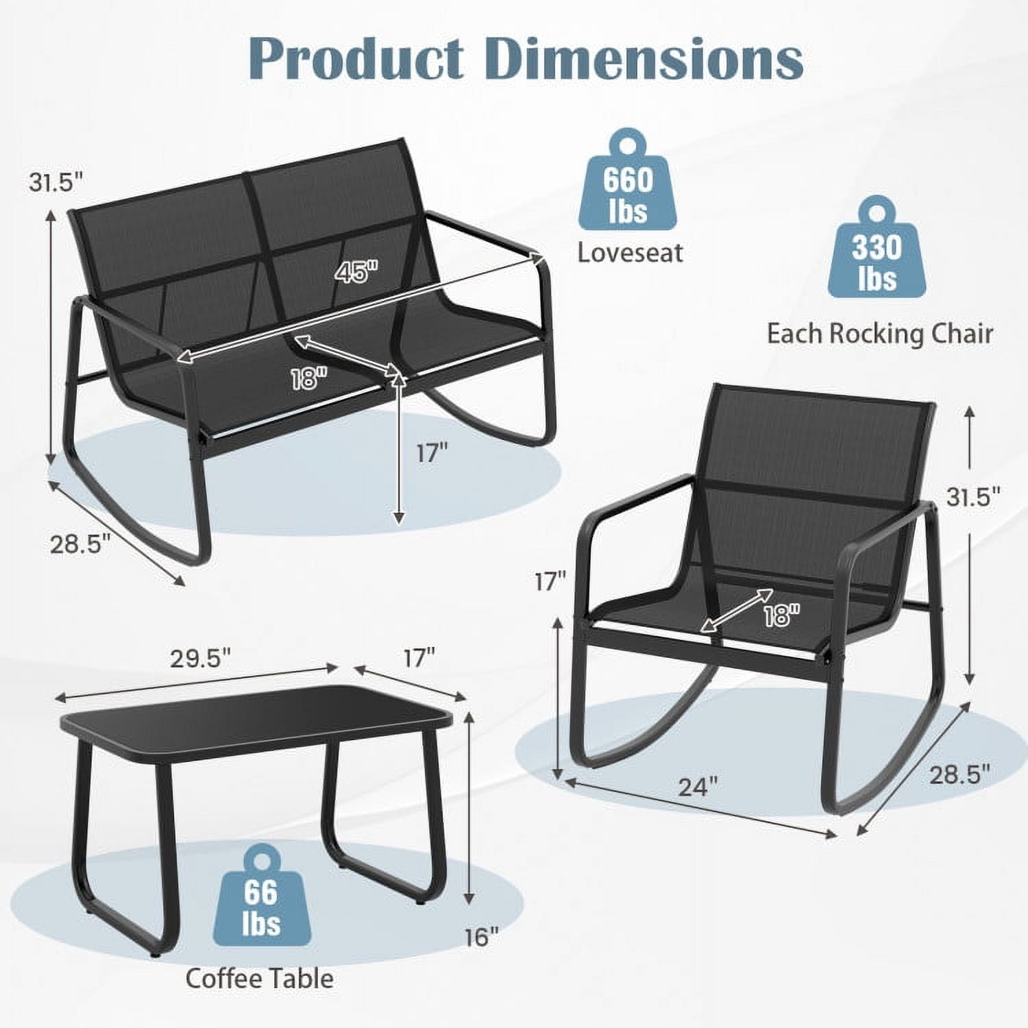 Aimee Lii 4 Pieces Patio Furniture Set with Rocking Bistro Chairs and Glass Top Table for Porch Yard Balcony, Black Aimee Lii 4 Pieces Patio Furniture Set with Rocking Bistro Chairs and Glass Top Table for Porch Yard Balcony, Black