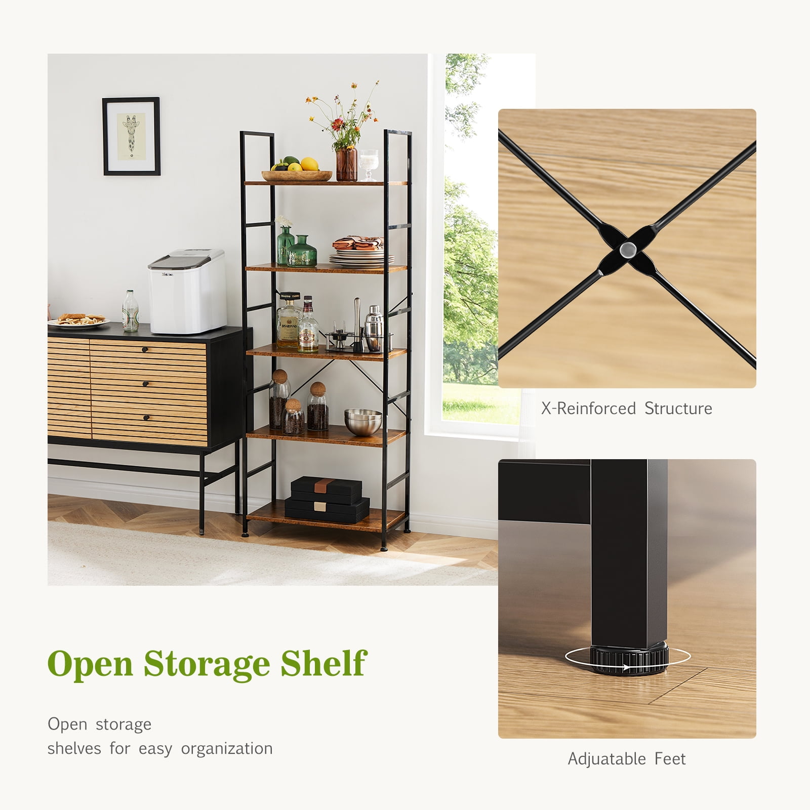 GIANNA 5-Shelf Wood and Metal Storage Shelf with Adjustable Feet, Waterproof & Scratch-Resistant, Rustic Brown