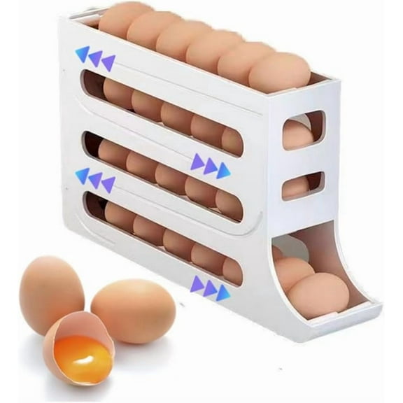 30 Eggs Refrigerator Holder - Automatic Rolling Egg Organiser, 4 Tier, Space Saving (White)
