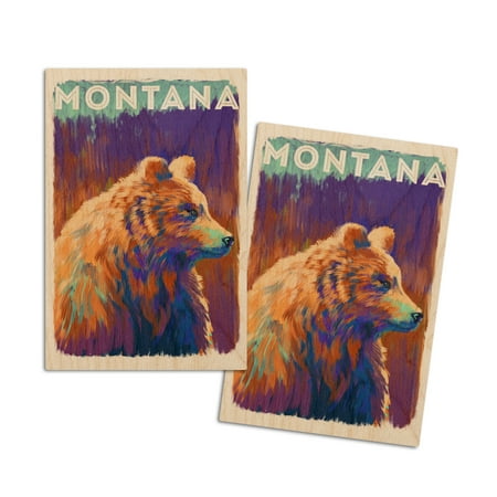 

Montana Grizzly Bear Vivid Watercolor (4x6 Birch Wood Postcards 2-Pack Stationary Rustic Home Wall Decor)