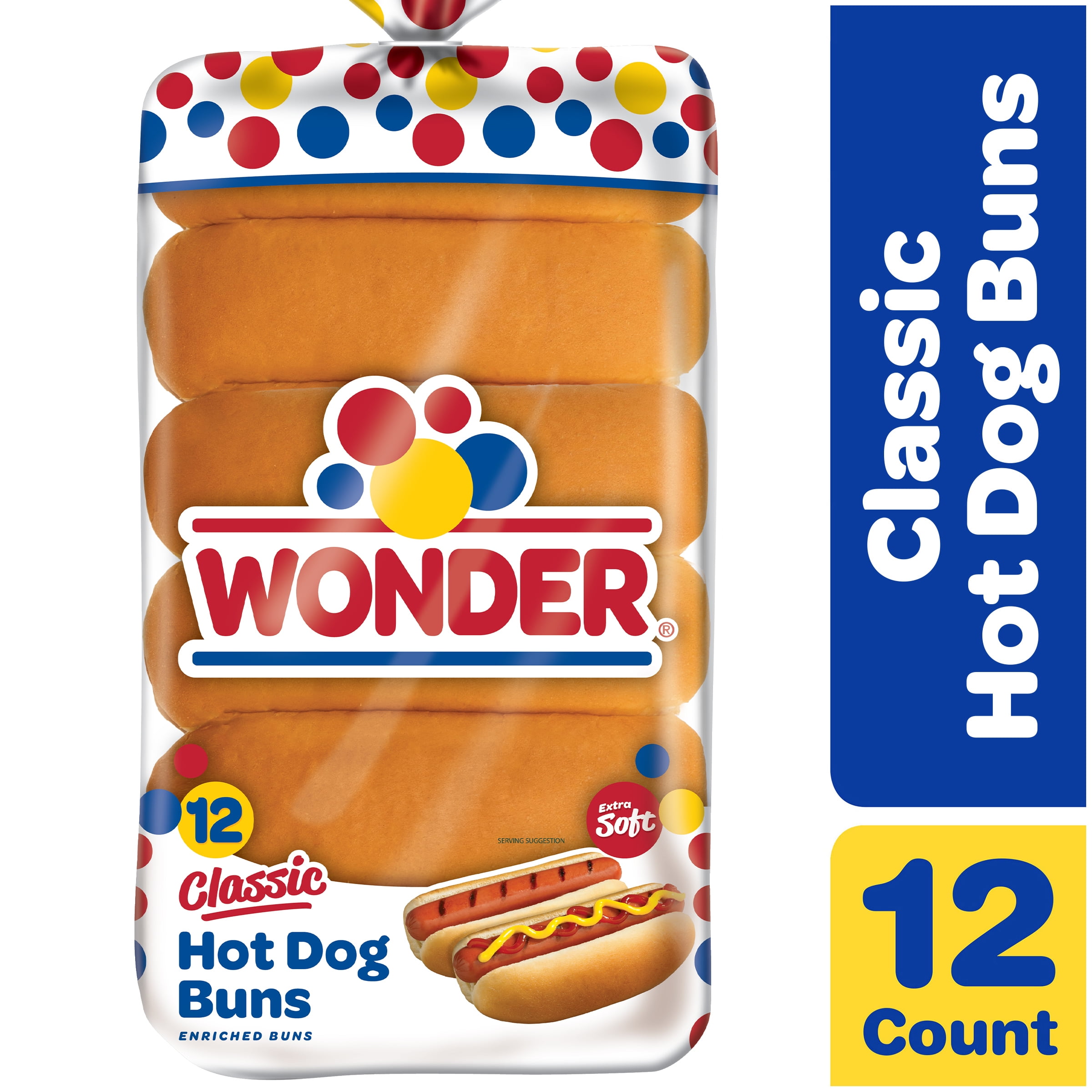 Wonder Bread Classic Extra Soft Hot Dog Buns, White Bread Buns, 18 oz., 12 Ct, Shelf-Stable