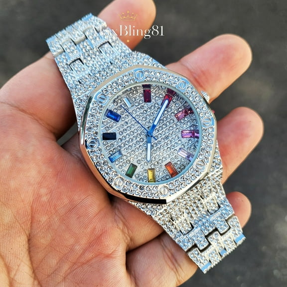 Men's Watch Iced Luxury Multi Color Accent Bling Silver Tone CZ Bracelet Dress