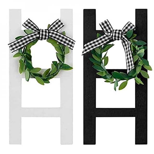 Clearance! 2pcs/set Exquisite Black White Plaid Rustic Farmhouse Wooden Tray Decor Cathedral Arch Window And Ladder Sign Shelf