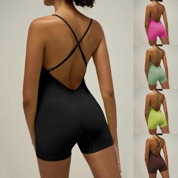Strappy Workout Romper for Women Backless One Piece Jumpsuit Tummy Control Activewear for Gym and Yoga Black L