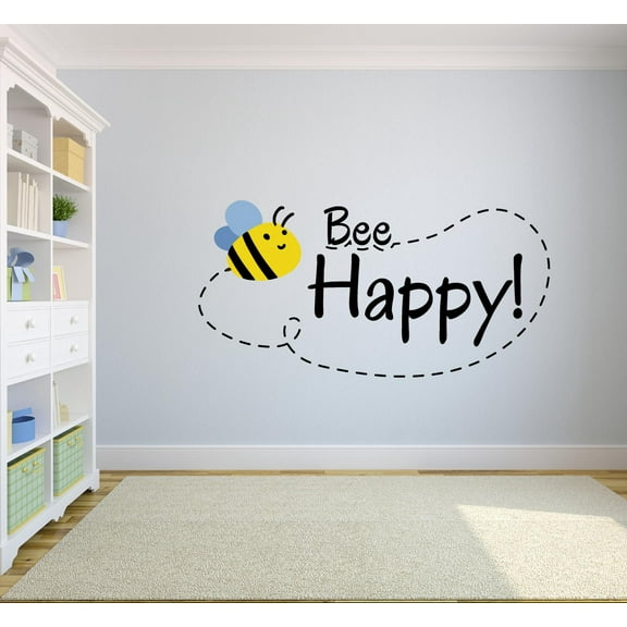 Bee Happy Bumblebee Bees Cute Animal Decors Wall Sticker Art Design Decal for Girls Boys Kids Room Bedroom Nursery Kindergarten House Fun Home Decor Stickers Wall Art Vinyl Decoration (12x20 inch)