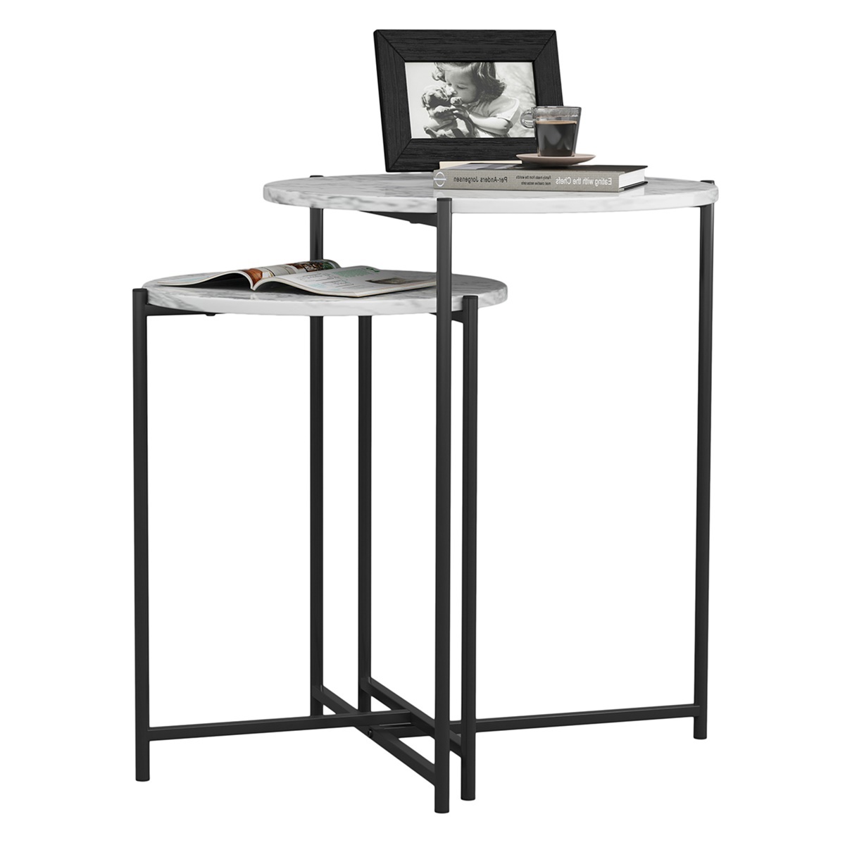 Modern Nesting Side/End Table, Industrial Marble Sofa Side Table