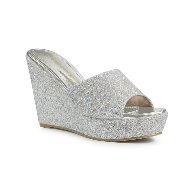 BLISSFUL STEP Sandales à Talons Compensés à Enfiler à Plateforme Pailletée pour Femmes Argent 10