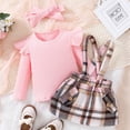 thumbnail image 2 of Girls Clothes Ruffle Long Sleeve Round Neck Solid Ribbed Top Bow Tie Plaid Skirt Short Fall Outfit 11 Piece Skirt Set,Z2-Pink,2-3 Years, 2 of 6