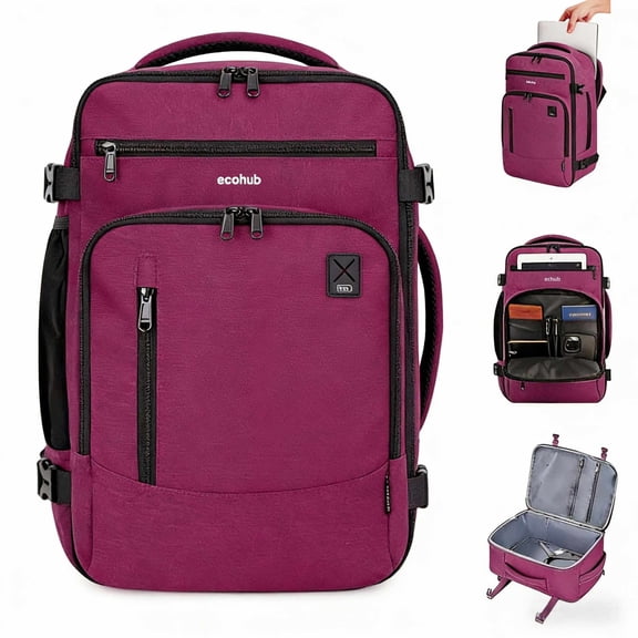 WANDF Travel Backpack With 16 Pockets,Airline Approved Carry on Luggage,Waterproof Personal Item Bag Fit 15.6" Laptop, Lightweight Casual Daypack for Weekender Business Hiking(Red Bag)