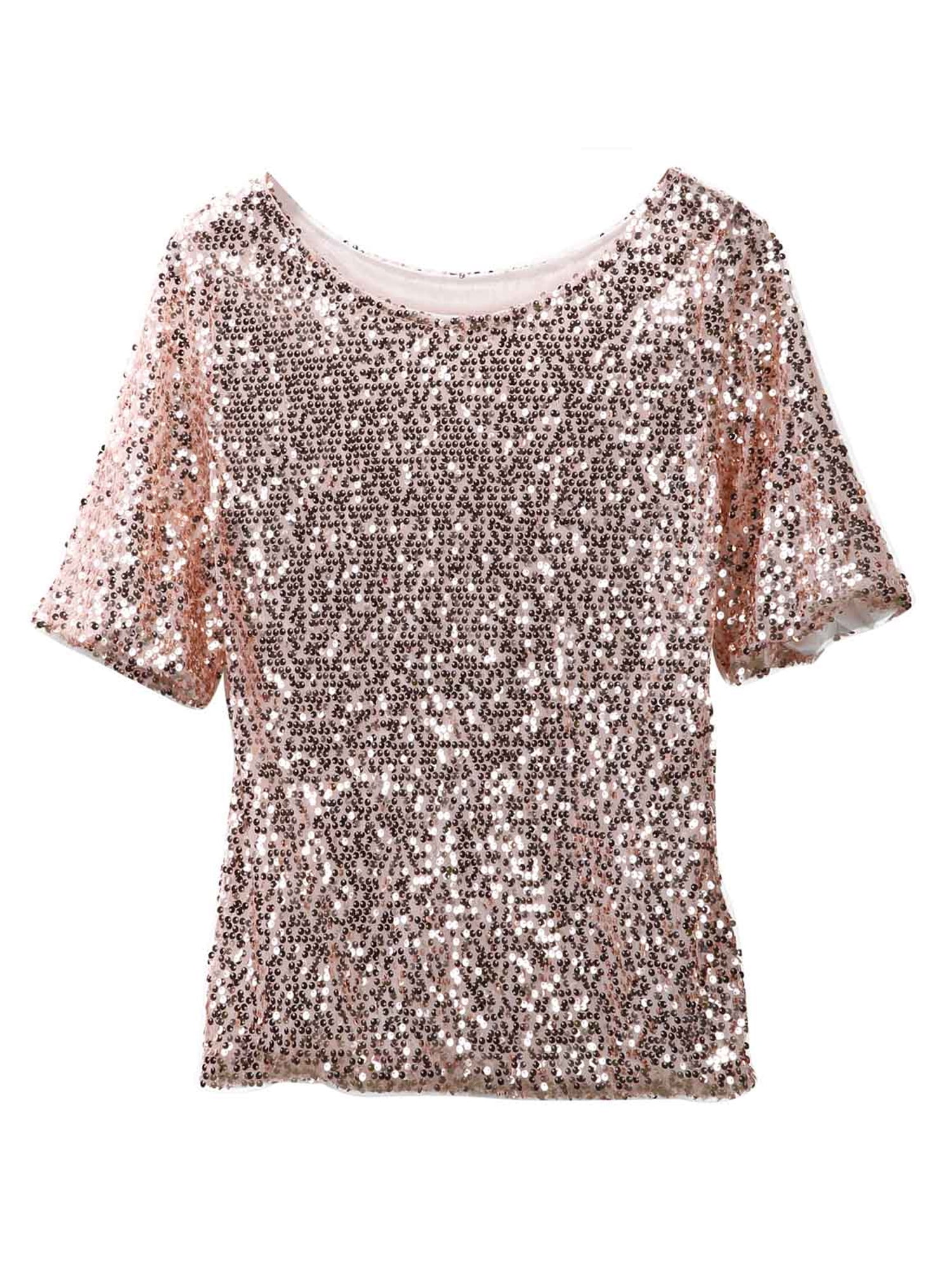 Fashion Women Short Sleeve Digital Print Sequined Easy Casual Shirt T-Shirt Tops