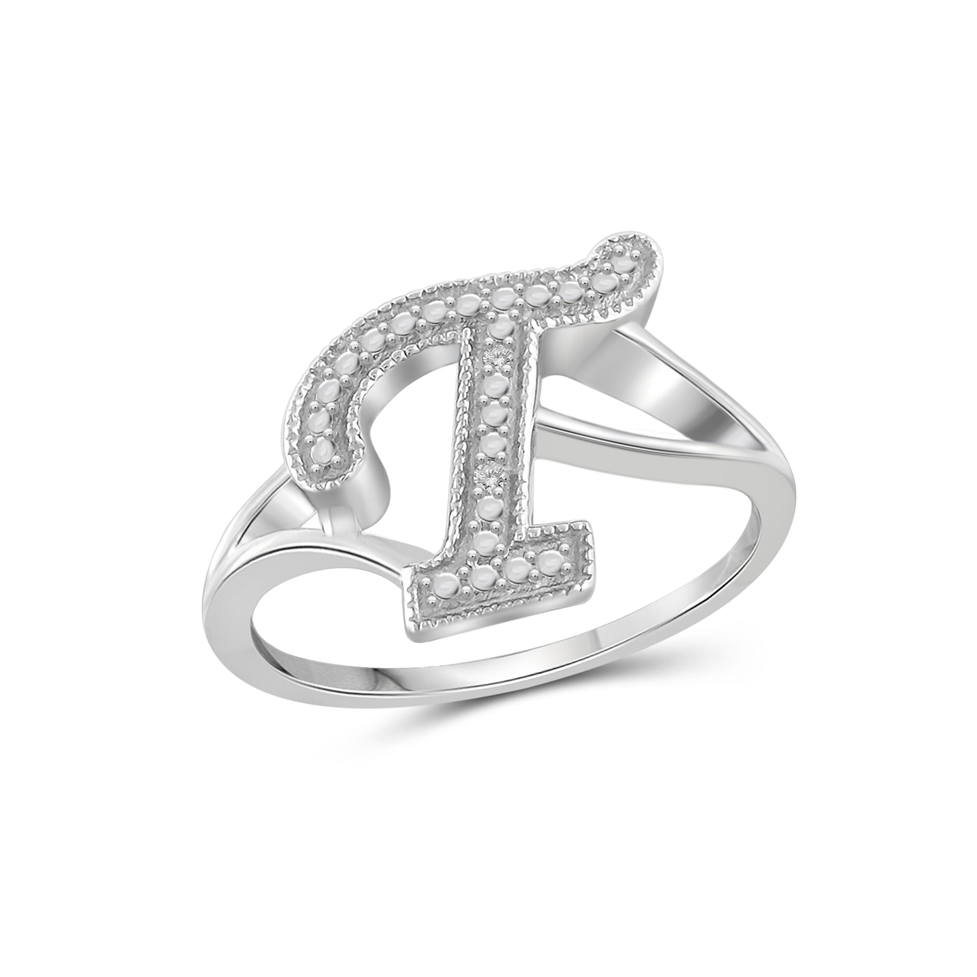 JewelersClub Accent White Diamond Initial Letter Ring for Women | Customizable Sterling Silver T Alphabet Monogram Ring for Girls | Cursive Script Capital Letters | Personalized Jewelry Gift for Her