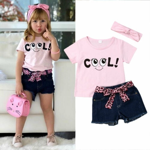 1 set kids baby girls clothes summer cotton cute Tee+short pants+headband+shoes 