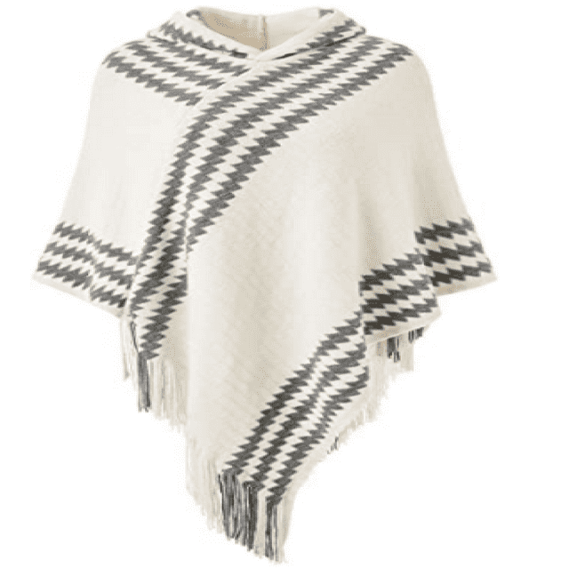 Women's Hooded Zigzag Striped Knit Cape Poncho Sweater with Fringes,White,One Size