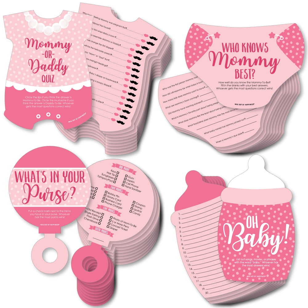 Baby Girl - 4 Pink Baby Shower Games - 10 Cards Each - Who Knows Mommy Best, Mommy or Daddy Quiz, What’s in Your Purse and Oh Baby - Gamerific Bundle