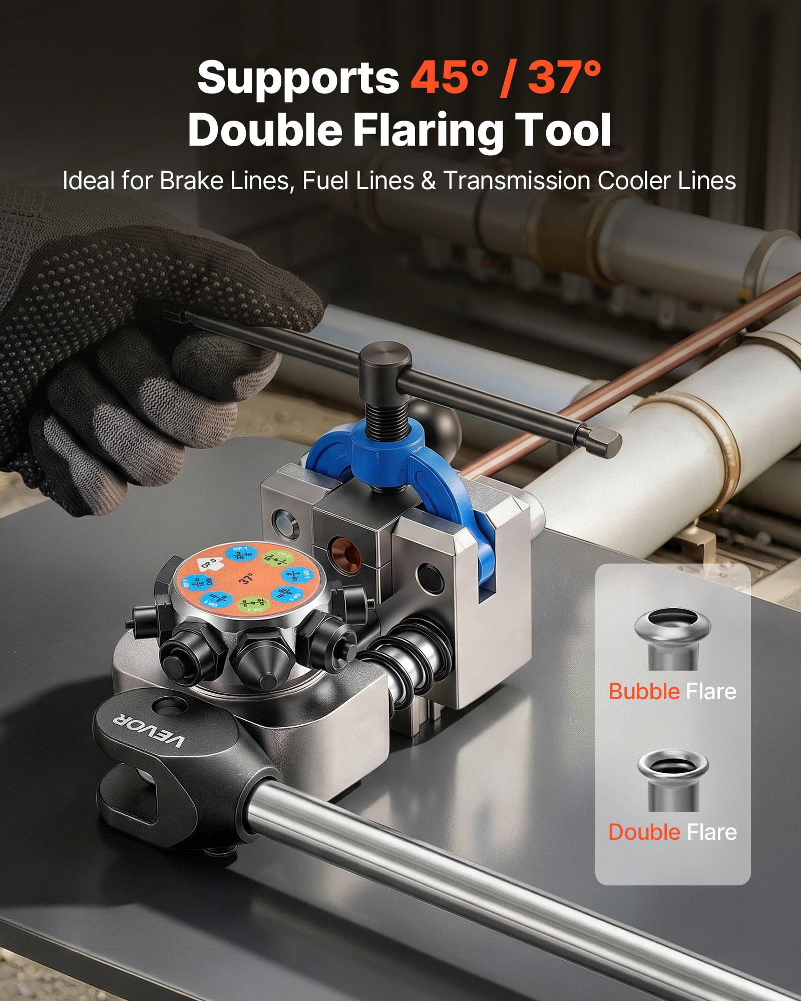 VEVOR Professional Brake Line Flaring Tool, 45 & 37 Degree Double Flare Bubble Flare Tool Kit for 3/16", 1/4", 5/16", 3/8" Copper Aluminum Thin Steel Tubes