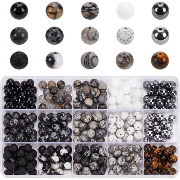 300PCS Round Black White Stone Beads 8mm Marble Loose Beads Gemstone Beads